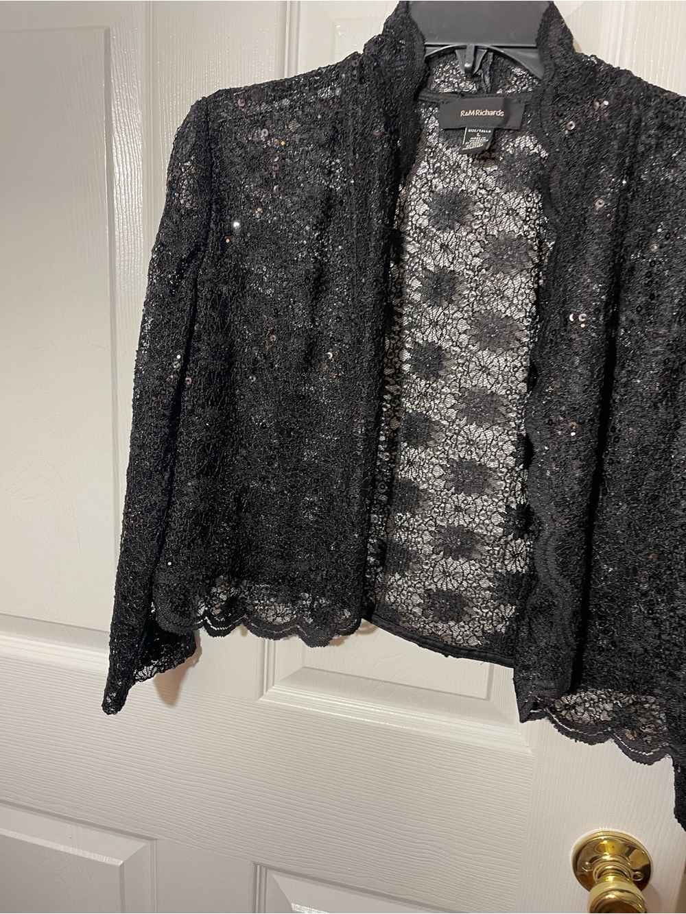 R&M Richards Black Lace Sequin Open-Front Shrug